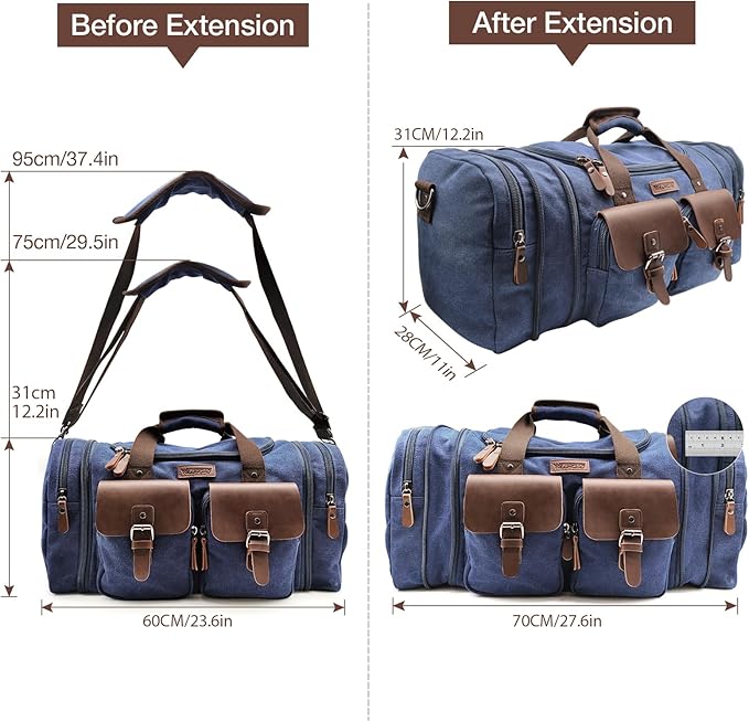Wildroad 60L Travel Duffel Bag, Expandable Canvas Genuine Leather Duffle Bag Upgraded Overnight Weekender Bag Carry on Bag