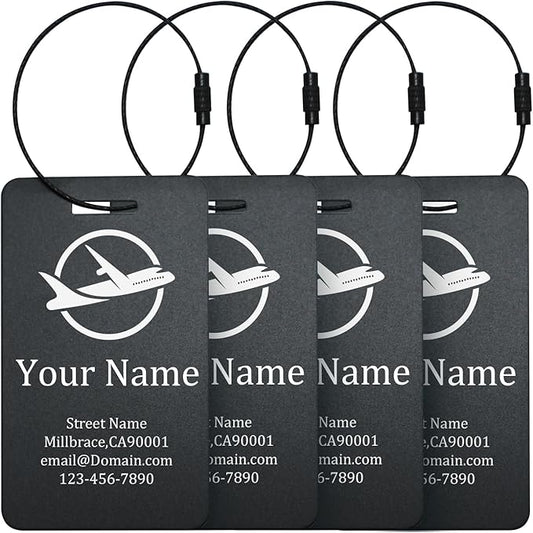 Luggage Tags for suitcases Tags Pack of 4 Personalized Luggage Tags Double Sided Laser Engraving Metal Luggage Tag and Stainless Loops Customizable Luggage Tag Cruise Luggage tag (Black, Large)