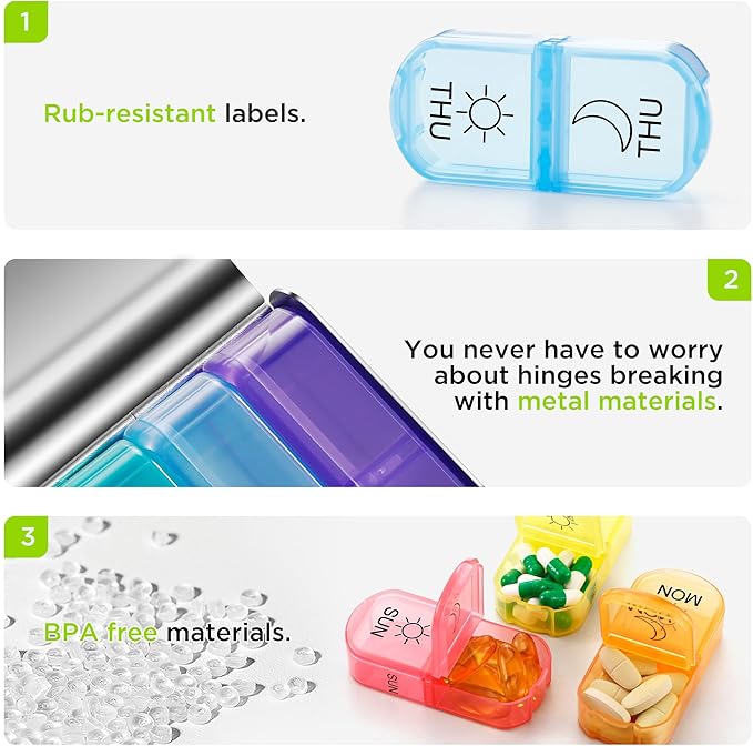 Zannaki Metal XL Weekly Pill Organizer 2 Times a Day, Large Travel Daily Pill Box 7 Day, Portable Week Twice Pill Holder Container, AM PM Pill Case for Medicine Vitamin Medication Supplement, Silver