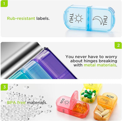 Zannaki Metal XL Weekly Pill Organizer 2 Times a Day, Large Travel Daily Pill Box 7 Day, Portable Week Twice Pill Holder Container, AM PM Pill Case for Medicine Vitamin Medication Supplement, Silver