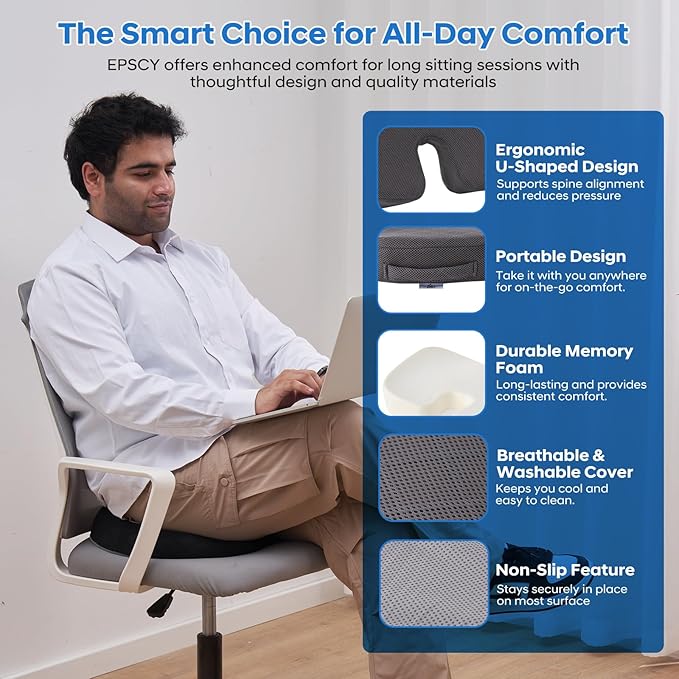 EPSCY Memory Foam Seat Cushion for Office Chair, Car, Airplane & Bleachers – Ergonomic Support for Sciatica, Hip & Tailbone Pain Relief – Comfort Pad for Long Sitting, Office Workers & Driver - Grey