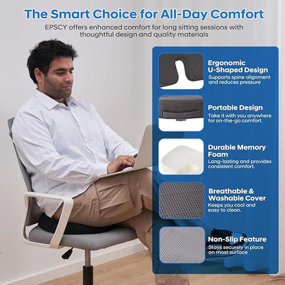 EPSCY Memory Foam Seat Cushion for Office Chair, Car, Airplane & Bleachers – Ergonomic Support for Sciatica, Hip & Tailbone Pain Relief – Comfort Pad for Long Sitting, Office Workers & Driver - Grey