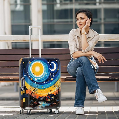 Starry Night Luggage Cover – Artistic Travel Suitcase Protector with Moon and Village Landscape Design, Elastic Washable Luggage Cover for 24"-26" Suitcase,M