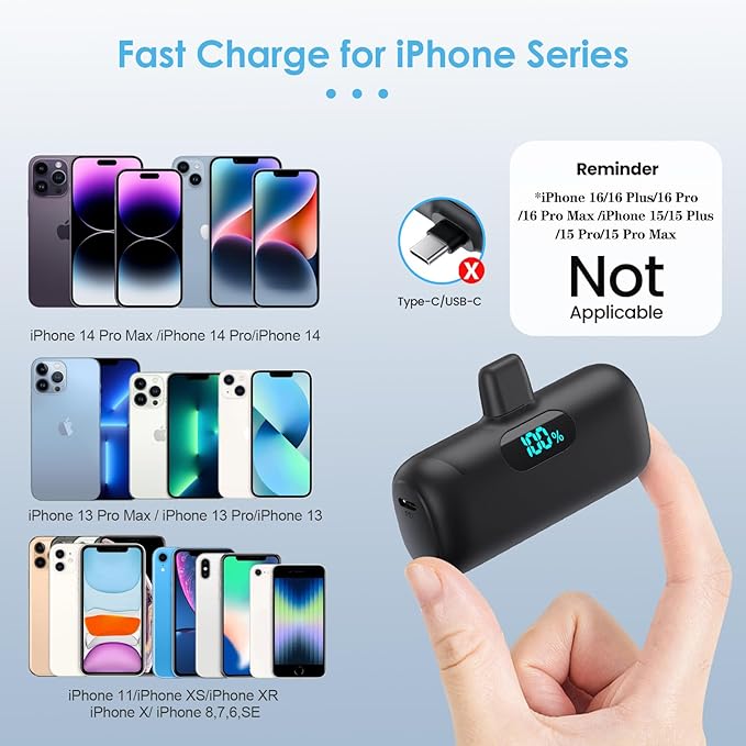 Mini Portable Charger for iPhone,Upgraded 5000mAh PD Fast Charging Battery Pack,LCD Display Cute Power Bank Portable Phone Charger for iPhone 14/14 Pro Max/13/13 Pro/12 Pro/11/XS/XR/X/8/7/6-Black