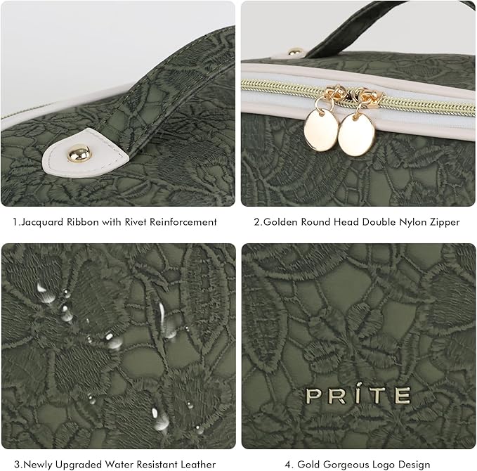 Prite Travel Cosmetic Bag Makeup Organizer Bag For Women Large Capacity Waterproof PU Leather Toiletry Bag with Handle and Clear Divider(Green Flower)