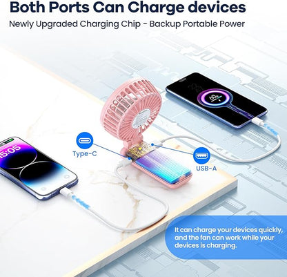 HandFan Upgraded Handheld Fan, 5 Speeds Strong Airflow Hand Fan [Max 27 Working Hours], 180° Foldable Compact Design Personal Fan Handheld with Portable Power for Travel/Disney/Concerts/Women (Pink)