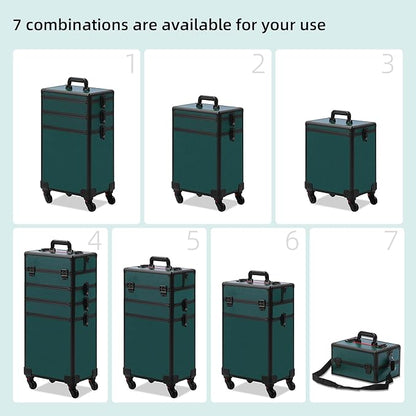 Makeup Train Case, Rolling Makeup Case with Lid, 5 in 1 Cosmetology Case on Wheels, Christmas Gift, Large Makeup Case Organizers, Profesional Cosmetic Case for Salon Barber, Black Green