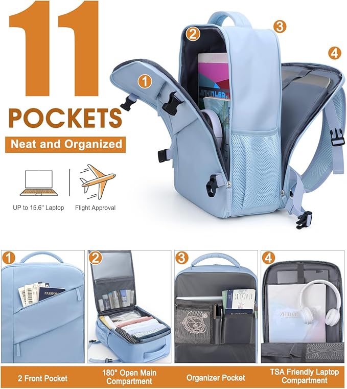 Capolo Travel Backpack for Women Men Waterproof Laptop Backpack Flight Approved Carry On Backpack Overnight Weekender Bag College Bookbag for Business, Work, Traveling Fits 15.6 '' Laptop,Light Blue