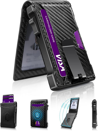 MNGARISTA Wallet for Men,Slim Minimalist Bifold Wallet with RFID Blocking,Pop-Up Credit Card Holder with ID Window & Money Clip,Magnetic Flip Metal Wallet for 11-13 Cards,Gifts for Men-Carbon Fiber