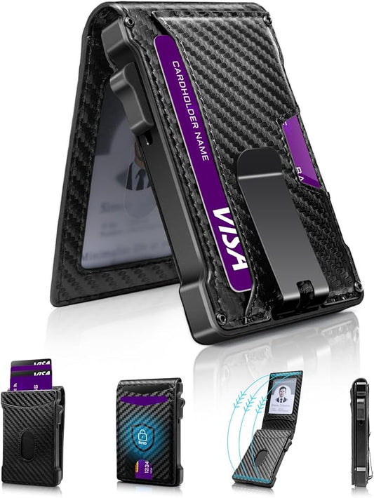 MNGARISTA Wallet for Men,Slim Minimalist Bifold Wallet with RFID Blocking,Pop-Up Credit Card Holder with ID Window & Money Clip,Magnetic Flip Metal Wallet for 11-13 Cards,Gifts for Men-Carbon Fiber