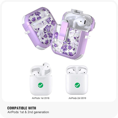 WENEW Case for AirPods 1 & 2 Case Cover Secure Lock Automatic Snap Switch Clip Cleaner Kit Lanyard Women Stylish Flower Hard Shell Full Body (Purple, AirPods 1st & 2nd)