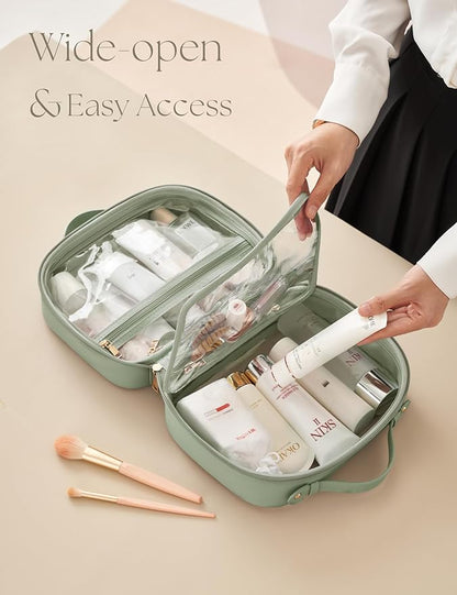 Clear Cosmetic Bag Double Layer Travel Toiletry Bag Clear Makeup Bag Case with 4 Compartments, Transparent Travel Bag for Toiletries, Large Toiletry Bag for Women Cosmetic Case (Sage Green, Large)