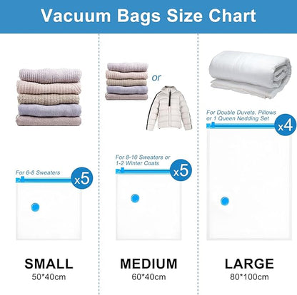 Owfeel 14 Pack Travel Vacuum Bags With Wireless Pump, Portable Compression Bags for Travel, Space Saver Vacuum Seal Bags for Clothing, Luggage, Pillows, Comforters, Reusable & Durable (14 PCS)