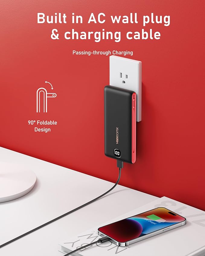 VEEKTOMX Portable Charger with Built in Cables 10000mAh, Power Bank for iPhone with AC Wall Plug, Fast Charging USB C Slim Battery Pack with LED Display Compatible with iPhone 17/16/15/14, Samsung