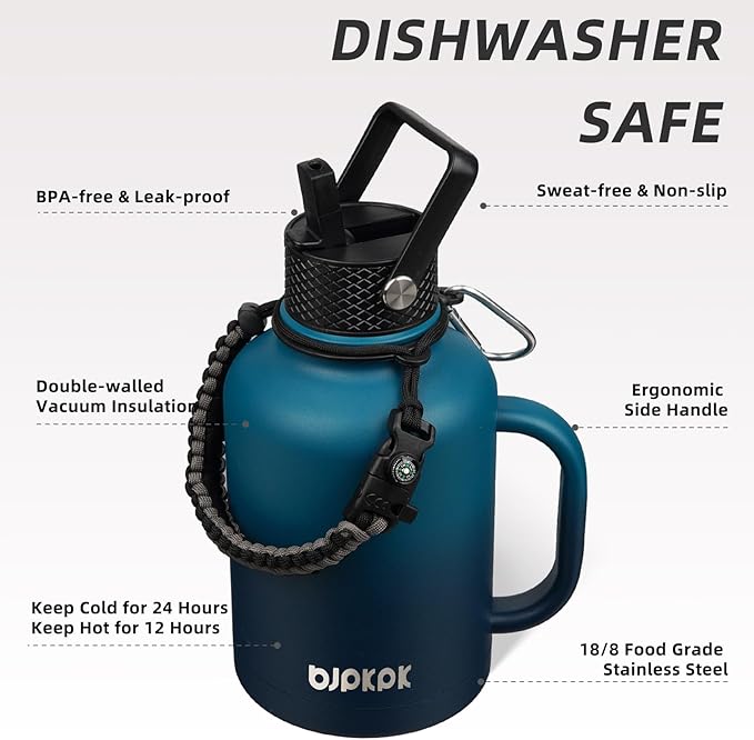 BJPKPK Large Insulated Water Bottles with Straw Lid & Handle, 50oz, 64oz, 87oz, 128oz Water Bottle with 3 Lids and Paracord Strap, Stainless Steel Metal Water Bottle, Insulated Water Jug, Vast