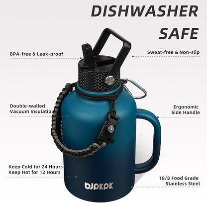 BJPKPK Large Insulated Water Bottles with Straw Lid & Handle, 50oz, 64oz, 87oz, 128oz Water Bottle with 3 Lids and Paracord Strap, Stainless Steel Metal Water Bottle, Insulated Water Jug, Vast