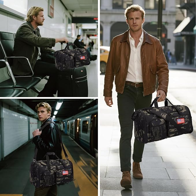 Tactical Duffle Bag For Travel Expandable 52L Large Duffle Bag For Men Gym Duffel With Wet Pocket Multi-Functional Carry On Bags Weekender Overnight Bag Organizer Duffel Bag For Travel