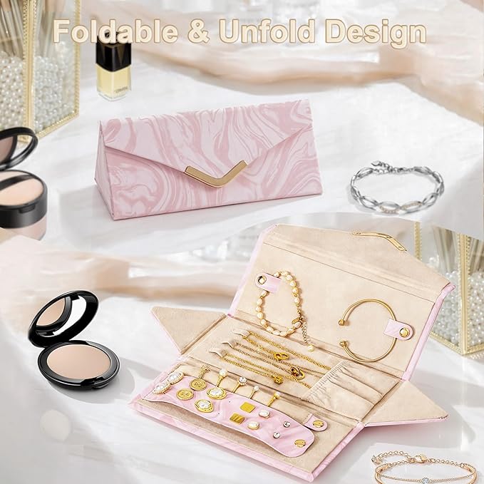 Yoobao Small Travel Jewelry Case for Women Girls, Triangle Jewelry Box Organizer, Foldable Storage Case for Necklaces Earrings Rings Bracelets, Travel Essentials, Ideal Present for Christmas