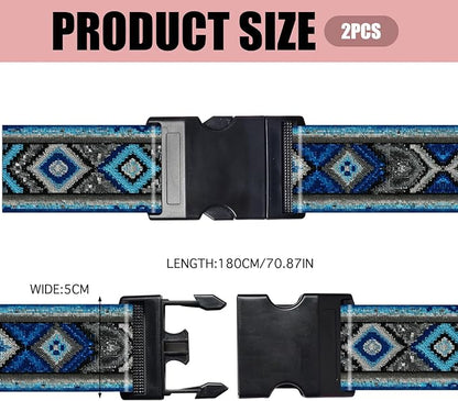 Nuxovilar Luggage Straps of 2 Set Blue and Gray Ethnic Geometric Pattern, Durable Material 1.96 * 70.86 Inches for Suitcases, Travel Decor for 22-28 Inch Luggage, Great for Cultural Trips