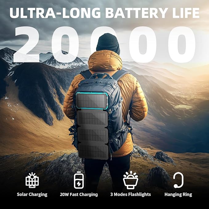 Solar Power Bank 20000mAh Portable Wireless Charger 15W USB-C Fast Charging External Battery Pack Compatible with iPhone, iPad, Samsung More, Dual LED Flashlights Perfect for Camping, Hiking, Outdoor