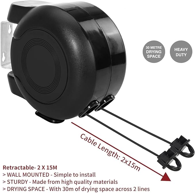 Retractable Clothesline 2x49 Feet Outdoor Indoor, Dual Heavy Duty Clotheslines for Laundry Drying, Wall-Mounted Portable Easy Installation Washing Lines Rope (Black-98FT)