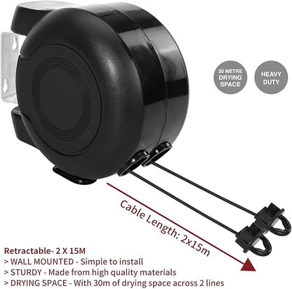 Retractable Clothesline 2x49 Feet Outdoor Indoor, Dual Heavy Duty Clotheslines for Laundry Drying, Wall-Mounted Portable Easy Installation Washing Lines Rope (Black-98FT)