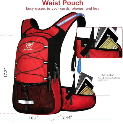 Insulated Hydration Backpack Pack with 3L BPA Free Leak Proof Water Bladder, Large Storage Lightweight Hiking Daypack with Waist Pouches & Cooler Layer, for Running, Biking, Camping, Festival