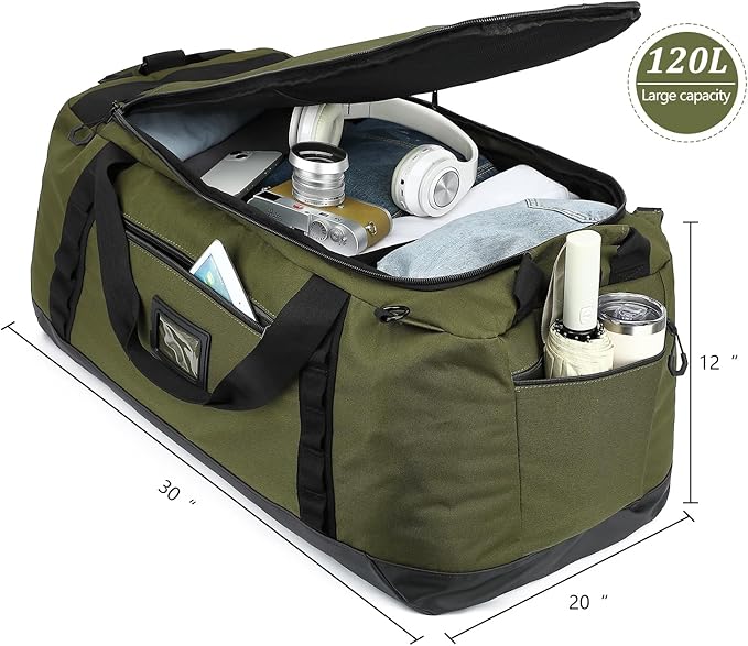 TUGUAN Extra Large Travel Duffle Bag Backpack for Men with Adjustable Dividers 120L Big Weekend Overnight Bag with ID Pocket Shoulder Strap Heavy Duty Sports Duffel Bags for Camping Gym, Green