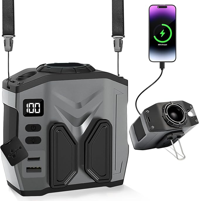 2025 Portable Waist Belt Clip Fan 10,000mAh/ 20,000RPM/ 100Speeds /40H Rechargeable Body Wearable Shirt Fan Strong Airflow, Hands-free Personal Hanging Neck Fan SOS Light for Outdoor Hiking Camping