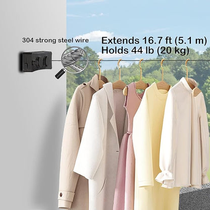 Retractable Clothesline - Heavy Duty 44lb Dual 304 Stainless Lines,16.7ft Anti-Sag Design,Install for Indoor/Outdoor Use (Black, Dual Lines)