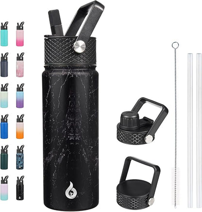 BJPKPK Insulated Water Bottles with Straw Lid, 22oz Cold & Hot Thermo, Stainless Steel Metal Water Bottle with 3 Lids, Reusable Thermo, Cups, Mugs for Daily Use-Midnight