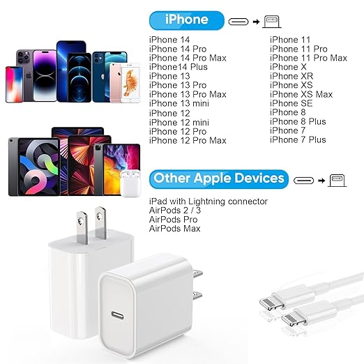 iPhone Fast Charger,Phone 14 13 12 11 Fast Charger USB C Wall Charger with 2-Pack 6FT Fast Charging Cable Compatible with iPhone 14/14 Pro/14 Pro Max/i Phone 13pro/12/11/X/8/7/6/iPad Pro/Mini/AirPods