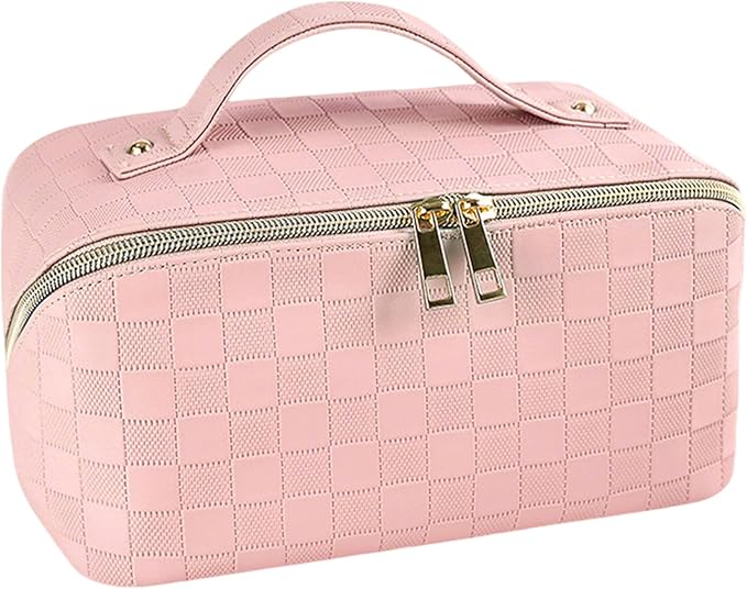 Cosmetic Bag,Travel Makeup Bag, Large Capacity Cosmetic Bags for Women, Waterproof Portable Open Flat Toiletry Bags,Makeup Organizer Bag with Divider and Handle, Pink Cosmetic Pouch Gifts for Women