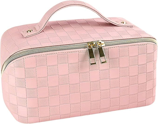 Cosmetic Bag,Travel Makeup Bag, Large Capacity Cosmetic Bags for Women, Waterproof Portable Open Flat Toiletry Bags,Makeup Organizer Bag with Divider and Handle, Pink Cosmetic Pouch Gifts for Women
