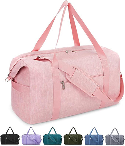 Narwey Carry on luaggage 22x14x9 Airlines Approved Foldable Carry on Bag Travel Duffel Packable Duffle with Wet Pocket Overnight for Women and Men 40L (Pink)