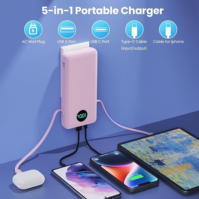 Portable Charger 33800mAh USB C Power Bank with Built-in Cables & AC Wall Plug,25W Fast Charging+QC 4.0 Phone Charger,4 Output Travel Essentials Battery Pack for iPhone16/15/14/13,Samsung,Android etc
