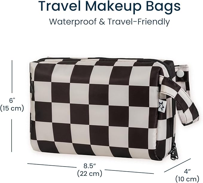 Tiny Twinkle Waterproof Travel Toiletry & Makeup Bag Organizer | Large Capacity Cosmetic Case with Compartments & Handle, A Thoughtful Travel Companion for Women（Black Checkers
