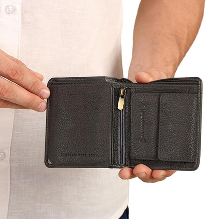 Hum & Hide Full-Grain Leather Wallet for Men – RFID Blocking Slim Bifold, Genuine Cowhide with 8 Card Slots, Coin Pocket & ID Window, Minimalist Leather Gift Wallet (Grey)