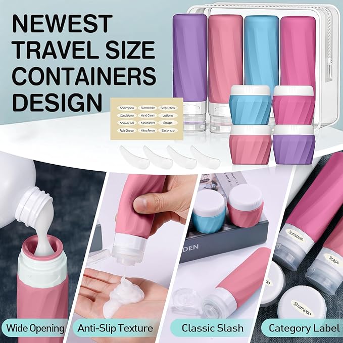 14pack Travel Bottles for Toiletries, TSA Approved Travel Size Toiletries Containers Set, Premium Silicone Leak Proof Refillable Bottles & Creams Jars Accessories Kit W/Clear Bag (Vibrant)
