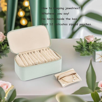 Vlando Travel Jewelry Box Organizer - 12 Small Velvet Zipped Pouches Pockets for Jewelries Necklaces Rings Earrings Sorting Storage, Menthol Mambo