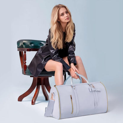 Garment Bags for Travel, Convertible Suit Travel Bag for Women, Stylish Carry On Garment Bag with Toiletry Pocket, Shoulder Strap and Shoes Compartment, 2 in 1 Foldable PU Leather Duffle Bag, Blue