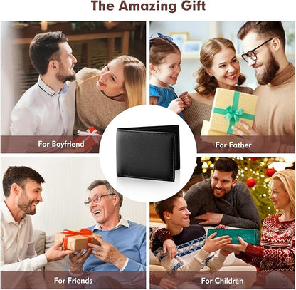 Genuine Leather Slim Bifold Wallet for Men, RFID Blocking Minimalist Design with ID Window and 6 Card Slots (Black)