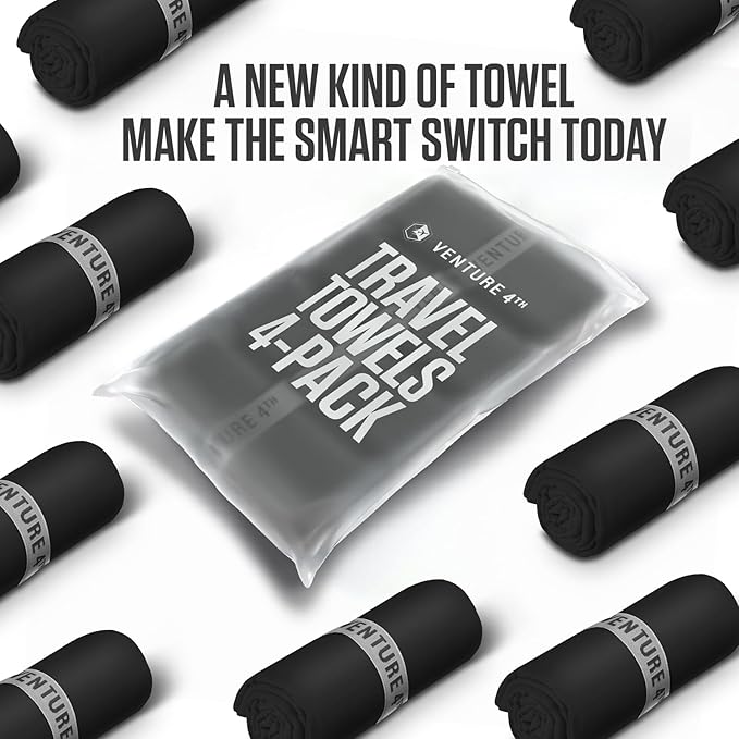 VENTURE 4TH - 4pcs Quick Dry Towels. Microfiber Travel Towels. Lightweight & Fast Drying Travel Towels for Body. Compact & Easy to Pack - 4 Pack Black Extra Large