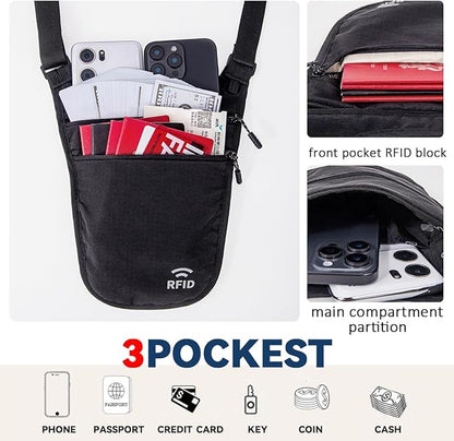 Crossbody Money Belt for Travel Women & Men Hidden, Travel Wallet Pouch - Slim Passport Holde, RFID Blocking Neck Wallet Under Clothes to Protect Cash, Credit Cards and Documents (GRAY)