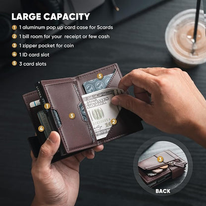 VULKIT Card Holder Bifold Pop Up Leather Wallet for Men RFID Blocking Metal Card Case, Holds 9 Cards and Banknotes Espresso