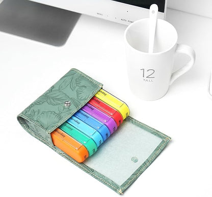Pill Organizer,LIZIMANDU Weekly Travel Pill Case Box Medication Reminder Daily AM PM, Day Night 7 Compartments,for 4 Times A Day, 7 Days a Week-Includes Leather PU Carrying Case(1-Carved Green)