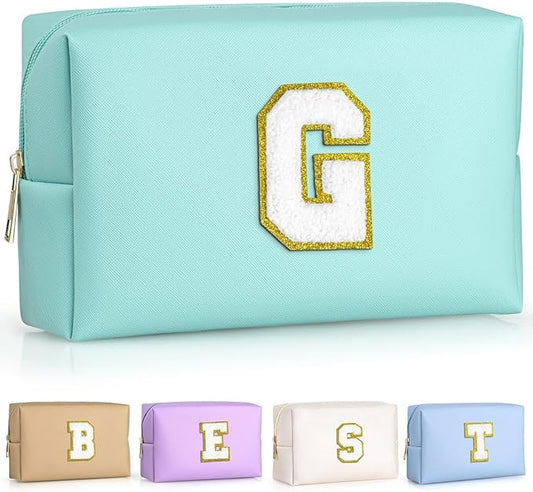 TOPEAST Travel Makeup Bag, Personalized Initial Toiletry Bag w Zipper, Cute Makeup Pouch, PU Leather Waterproof Cosmetic Bag, Birthday Gift for Daughter, Preppy Things for Girls (Blue G)