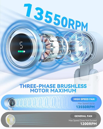 Portable Handheld Turbo Fan, 5-Speed Personal Fans, 5000mAh Rechargeable Fans Up to 12 Hours, Weight only 0.6lb Small Fan, Hand/Neck/Desk Fan 3 IN 1, Beach Vacation Essentials(Blue)