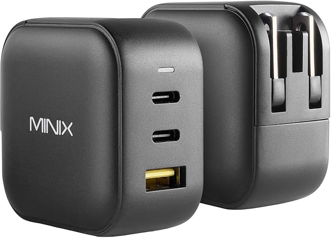 MINIX 66W Turbo 3-Port GaN Wall Charger 2 x USB-C Fast Charging Adapter, 1 x USB-A Quick Charge 3.0, Compatible with MacBook Pro Air, iPad Pro, iPhone 16/15/13/12/11, Galaxy S9 S8 and More (NEO P1)
