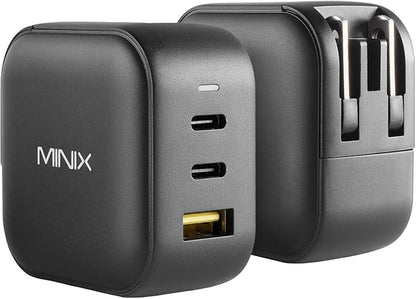 MINIX 66W Turbo 3-Port GaN Wall Charger 2 x USB-C Fast Charging Adapter, 1 x USB-A Quick Charge 3.0, Compatible with MacBook Pro Air, iPad Pro, iPhone 16/15/13/12/11, Galaxy S9 S8 and More (NEO P1)